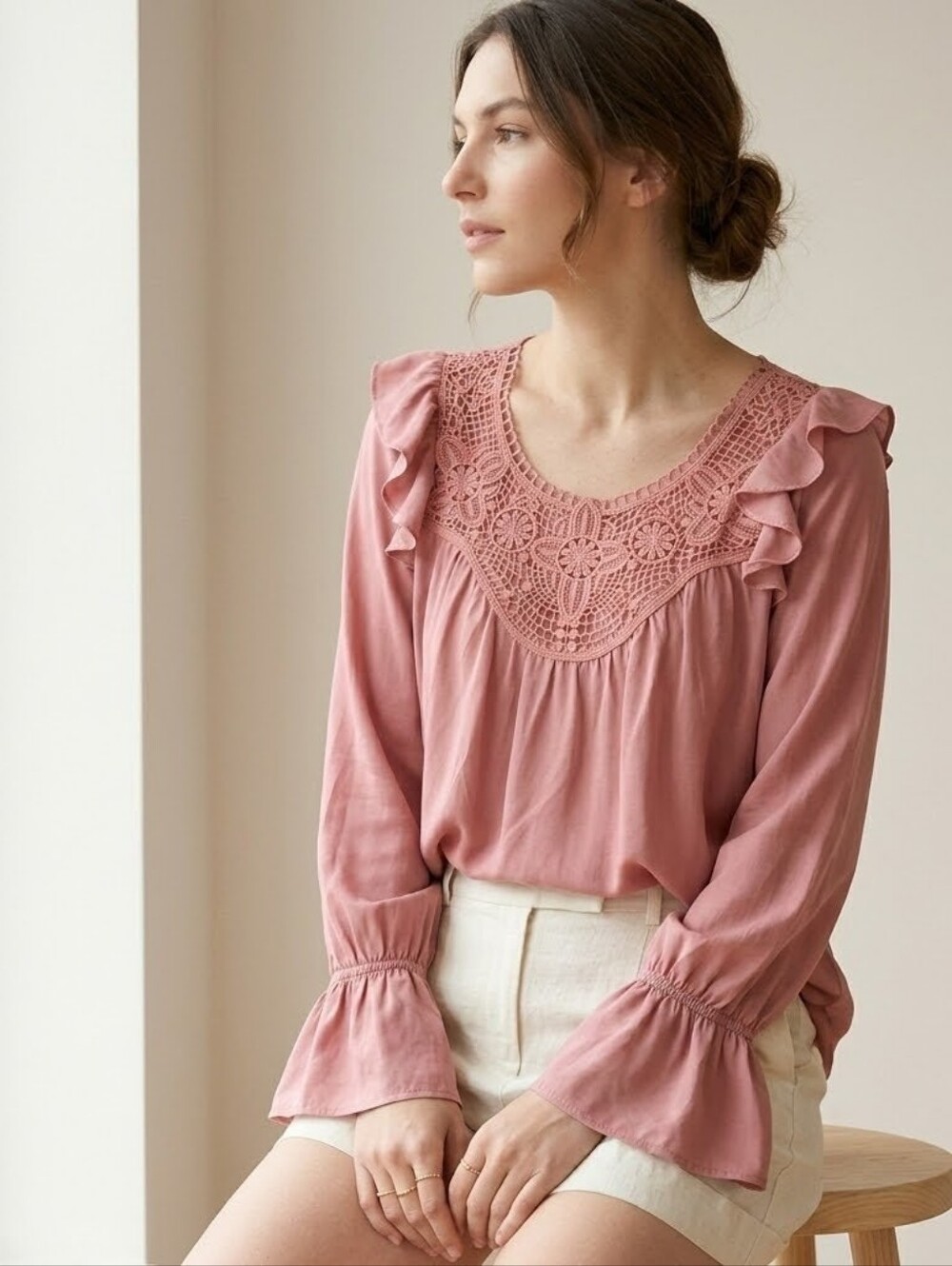 Molly Bracken Pink Peasant Blouse Top Ruffle Crochet Lace Bell Sleeves Medium